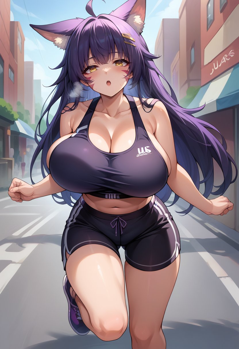 score_9,score_8_up,score_7_up BREAK 1girl,jelomusashirq,solo,city street,running,bouncing breasts,unaligned breasts,large breasts,purple hair,hairclip,yellow eyes,animal ears,facial mark,black sports bra,black shorts,looking at viewer,heavy breathing,<lora:MusashiRQ-JeloXL-000008:1>,