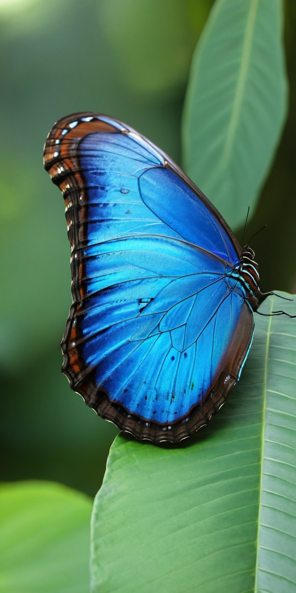 Blue Morpho butterfly, resting, tropical forest, daylight, natural sunlight, no artist, realistic, photography, highly detailed, vibrant colors, Sony camera, 4K, ultra-high-definition, crisp focus,<lora:HMSG微距蝴蝶XL-000010:1>,