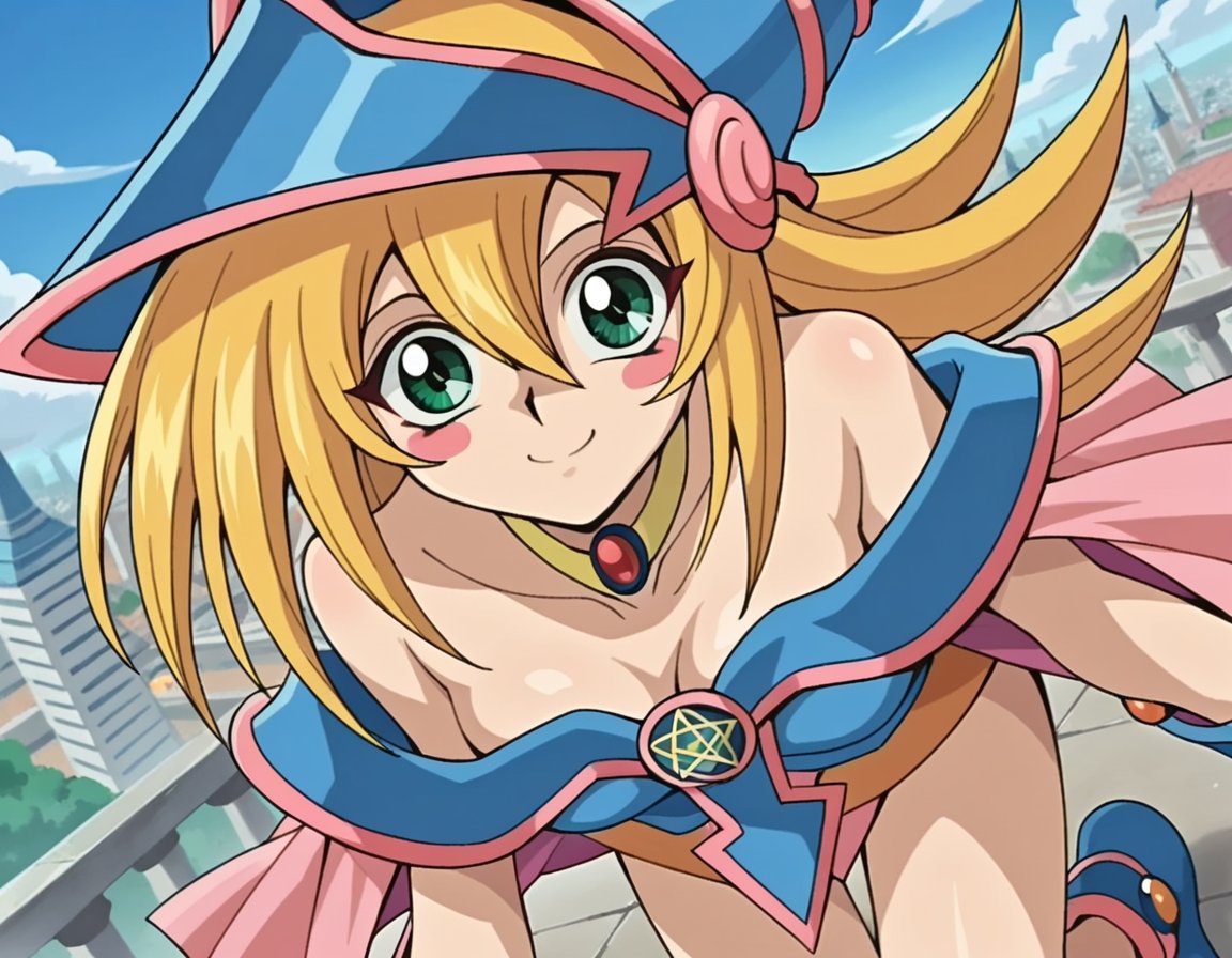 score_9, score_8_up, score_7_up, source_anime,darkmagiciangirl, <lora:dark-magician-girl-anime-ponyxl-lora-nochekaiser:1>dark magician girl, blonde hair, choker, green eyes, long hair, blush, blush stickers,bare shoulders, blue footwear, blush, blush stickers, cleavage, collarbone, duel monster, hat, off shoulder, pentacle, wizard hat,outdoors, cityscape, smile, bent over,looking at viewer, dutch angle, cowboy shot,