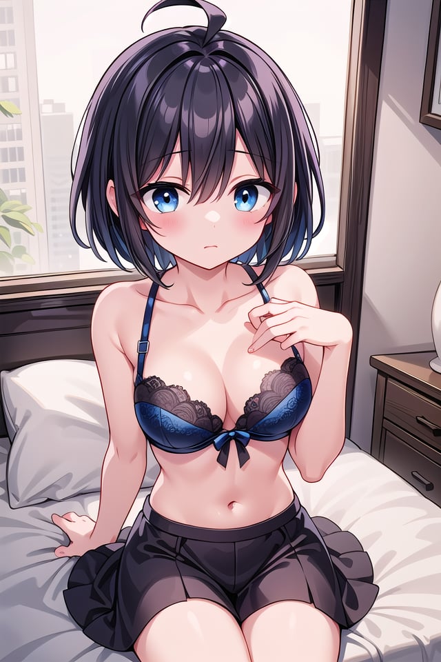 insanely detailed, absurdres, ultra-highres, ultra-detailed, best quality,1girl, solo, nice hands, perfect handsBREAK(nipples:-1), blue bra, petticoatBREAKupset, closed mouth,(sitting on bed), seductive pose, cowboy shot, from above,BREAKslender, kawaii, perfect symmetrical face, ultra cute girl, ultra cute face, ultra detailed eyes, ultra detailed hair, ultra cute, ultra beautifulBREAKindoors, elegant hotel room, bedroom, , antique interior,warm lighting, moodie lighting, weak rim light, intensive shadow,cinematic light, indirect lighting, evening light, depth of field, ultra detailed backgroundBREAKmedium breasts, , extremely detailed navelBREAKblack hair, black_brown eyes, short bob cut, hair between eyes, ahoge