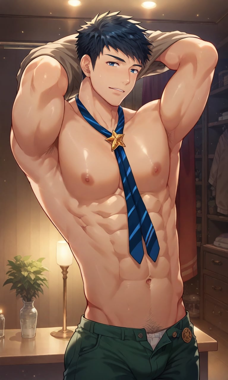 score_9, score_8_up, score_7_up, masterpiece, best quality, lots of details, dynamic pose, ((1boy)), male focus, Naoto, standing, bare neck, undressing, gray-brown shirt, short sleeves, navel, nipples, abs, pectorals, necktie, open clothes, green pants, shaded, detailed shading, detailed skin, shaded skin, realistic shading, looking at viewer, Expressiveh, countershading:1.1, makeup room, mirror, closet, night, strip club, indoors, neon, <lora:add-detail-xl:0.7>, <lora:Smooth Anime 2 Style SDXL_LoRA_Pony Diffusion V6 XL:0.8>, <lora:Expressive_H:0.8>, <lora:Naoto_XL_V10:0.9>