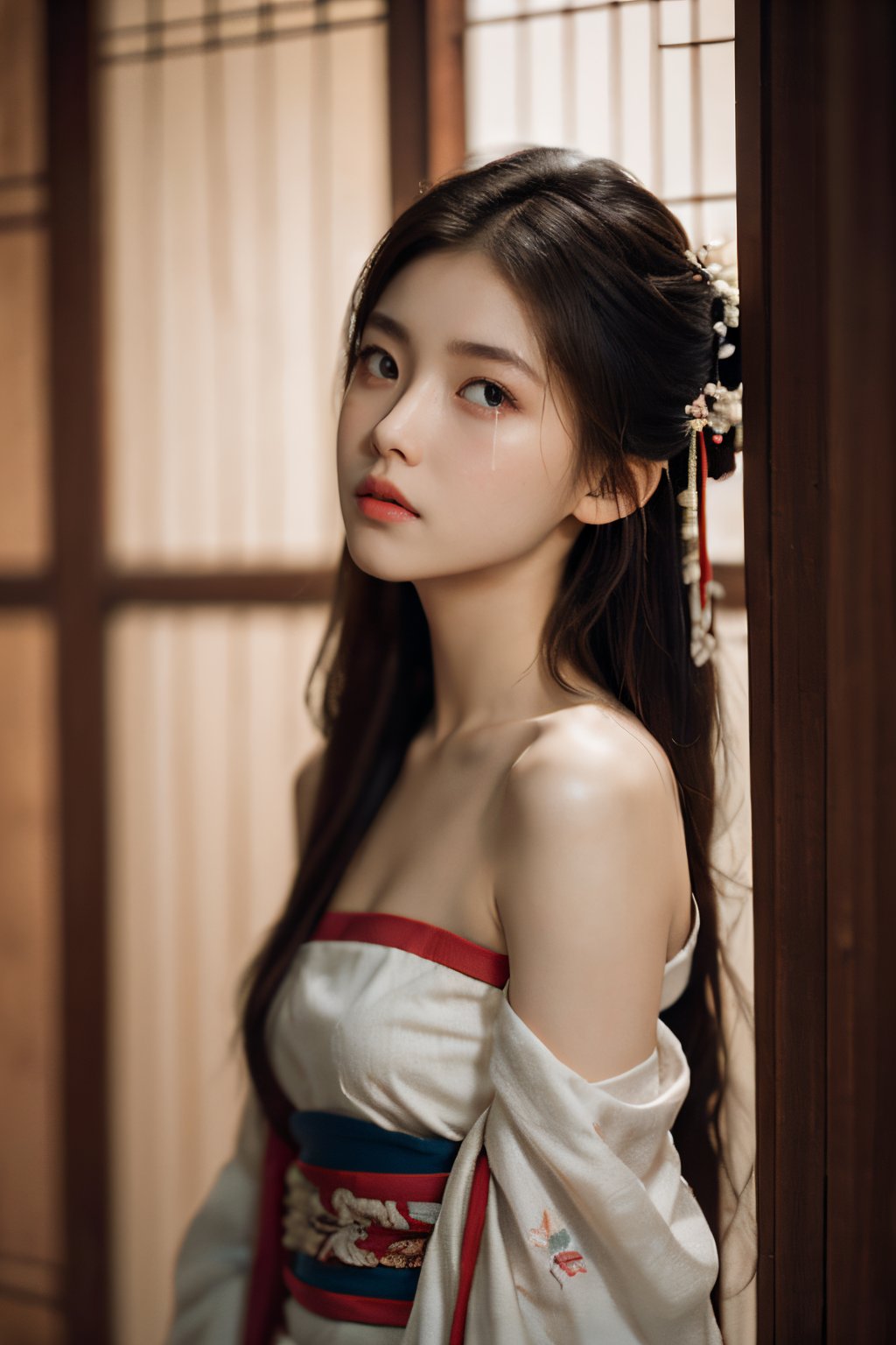 sittig, Ultra-high skin detail, Perfect facial details, cinematic lighting, chiaroscuro, super detail, award winning, best quality, FilmGirl, 85mm, 18 years old, sad, little cry, the abovehalf body, Beautiful body, hanfu2, upper body, looking at viewer, bare shoulders, <lora:EMS-80545-EMS:0.900000>