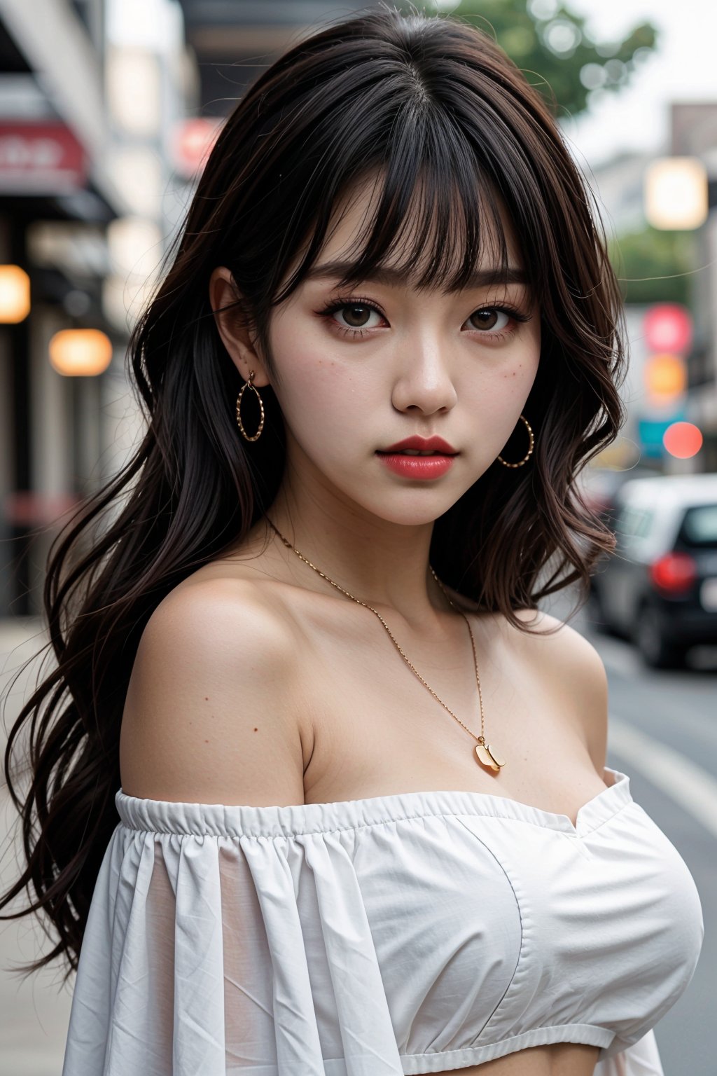 Canon RF85mm f/1.2,masterpiece,best quality,ultra highres,vc,1 girl,(korean mixed,kpop idol:1.2),solo,shiny_skin,very white skin,black eyes,necklace,brown hair,red lips,long hair,eyelashes,wavy hair,bangs,aface,make-up,shiny lips,shiny,Pore,skin texture,jewelry,bracelet,offshoulder,see-through,big breasts,(outdoor),, (best quality:1.3)