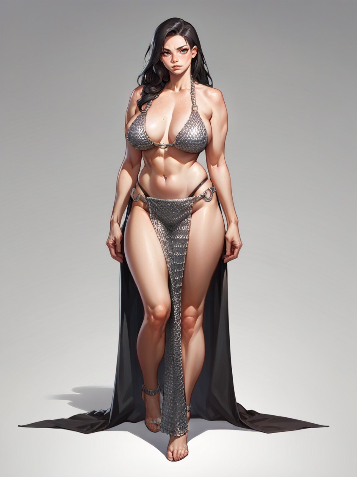 score_9, score_8_up, score_7_up, score_6_up, score_5_up, score_4_up, black hair, 1girl, large breasts, ch41nm41l, chainmail bikini, pelvic curtain, loincloth <lora:ch41nm41lXLP:0.5> full body, 