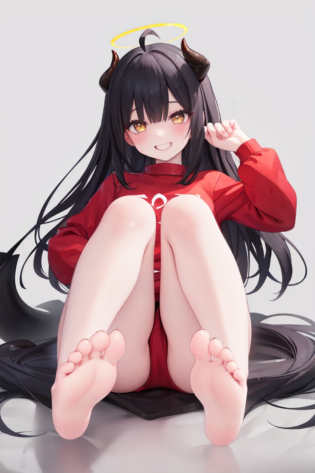 1girl, foot focus, horns, feet, toes, barefoot, black hair, yellow eyes, tail, long hair, soles, solo, halo, foreshortening, looking at viewer, ahoge, smile, sitting, bangs, toenails, shirt, simple background, sweatdrop, demon horns, demon tail, long sleeves, bare legs, grey background, grin, red shirt