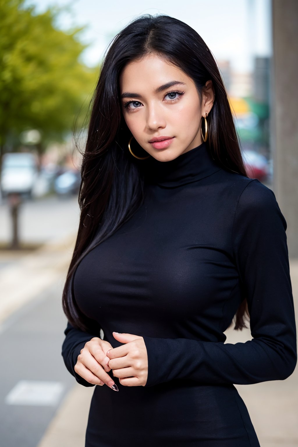 background is New York,street, 1 girl, beautiful korean girl, big eyes, wearing tight black dress(turtle neck,simple,long sleeves), black long boots, shy smile, solo, beautiful and detailed eyes, dark eyes, big breasts, calm expression, delicate facial features, ((model pose)), Glamor body type, (dark hair:1.2), simple tiny earrings, simple tiny necklace, very_long_hair, hair past hip, bangs, curly hair, flim grain, realhands, masterpiece, Best Quality, 16k, photorealistic, ultra-detailed, finely detailed, high resolution, perfect dynamic composition, beautiful detailed eyes, eye smile, ((nervous and embarrassed)), sharp-focus, full_body, cowboy_shot<lora:Angelkaramoy:0.7>AK