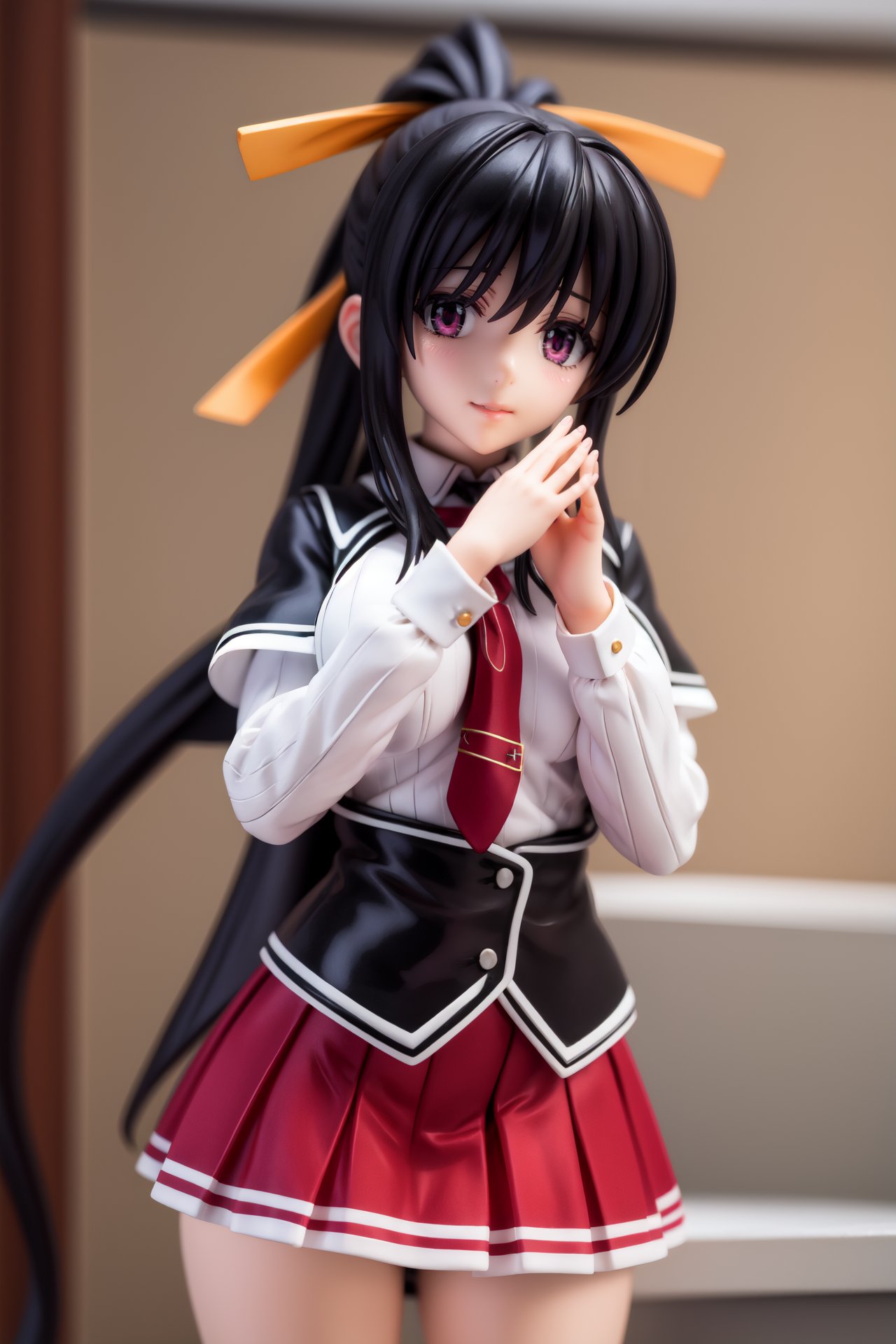 pvc style,akenohimejima, <lora:akeno himejima anime s1-lora-nochekaiser:1>,akeno himejima, long hair, black hair, ribbon, very long hair, (purple eyes:1.1), hair ribbon, ponytail, antenna hair, smile,BREAK skirt, school uniform, shirt, white shirt, capelet, black capelet, long sleeves, red skirt,BREAK indoors, classroom,BREAK looking at viewer, (cowboy shot:1.5),BREAK  (masterpiece:1.2), best quality, high resolution, unity 8k wallpaper, (illustration:0.8), (beautiful detailed eyes:1.6), extremely detailed face, perfect lighting, extremely detailed CG, (perfect hands, perfect anatomy),figma,full body, 