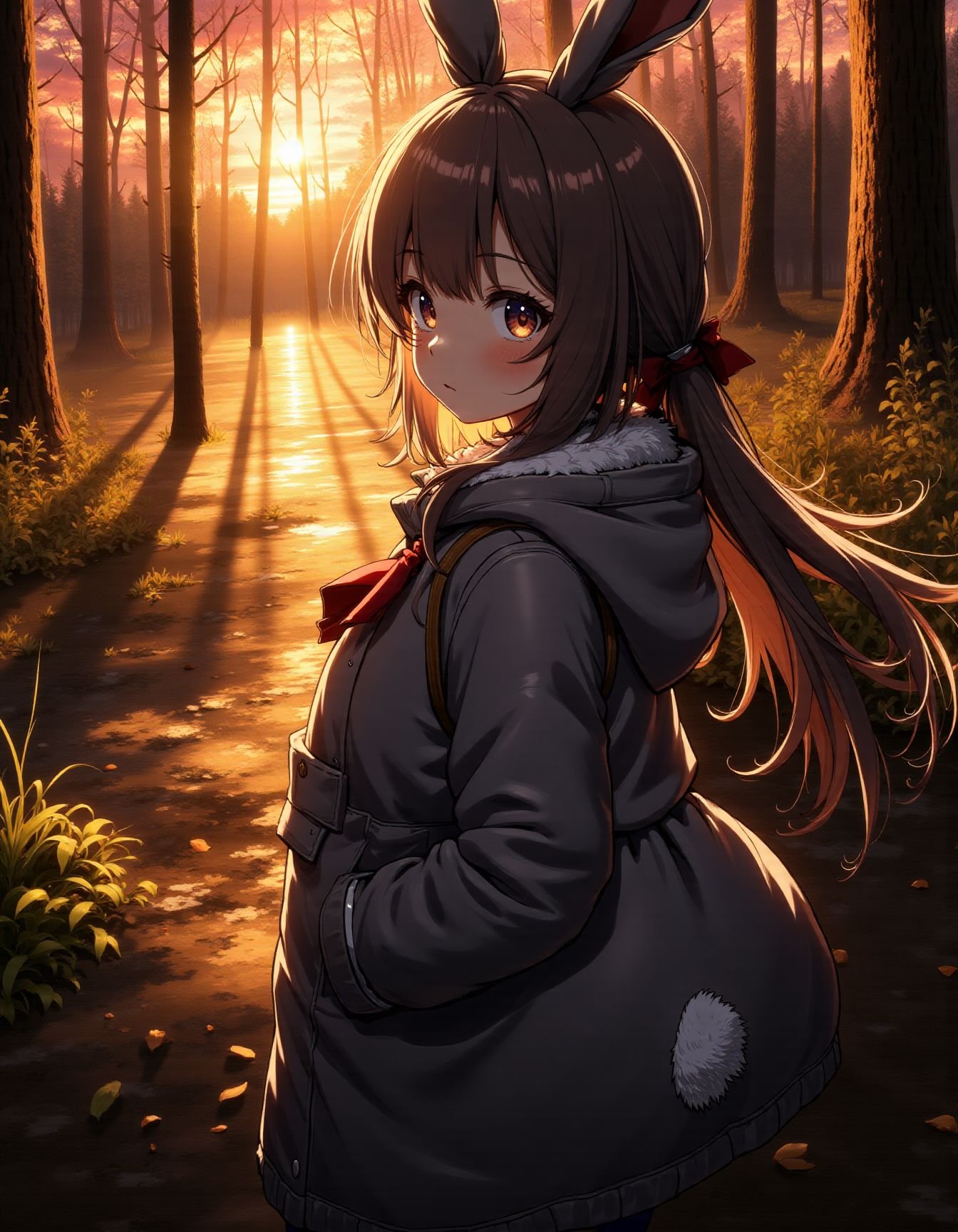 rabbit girl,hooded coat, forest,sunset