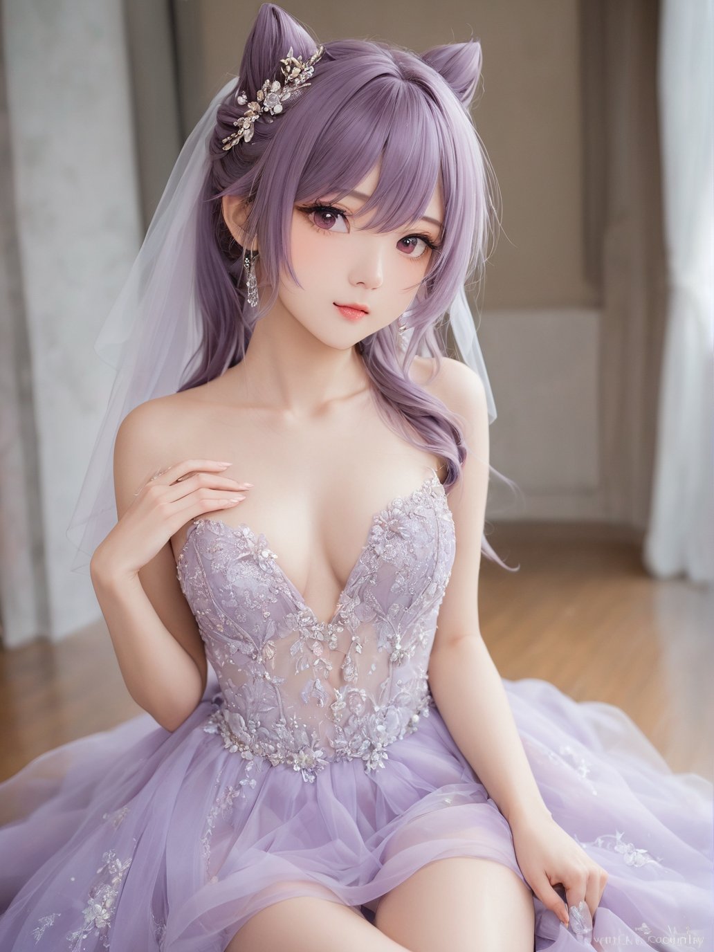 KEQING\(genshin impact\),real portrait photography,35mm photograph,RAW photography,professional grade,18 year old cute chinese,purple miniskirt wedding dress | evening dresses,sexy,