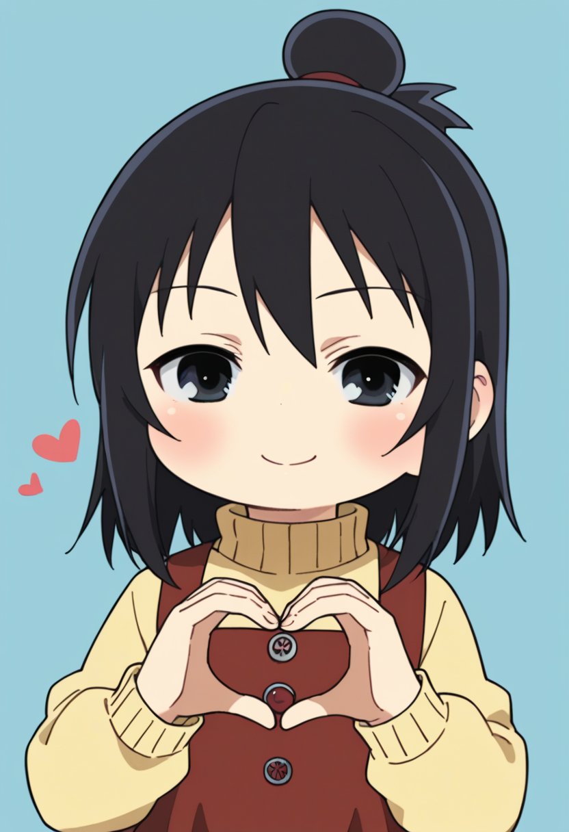 score_9, score_8_up, score_8, source_anime, 1girl, solo, chibi, <lora:HitohaMarui:0.9> , black eyes, black hair, hair bun, yellow sweater, turtleneck, red dress, smile, blush, upper body focus, heart hands, light blue background, simple background,