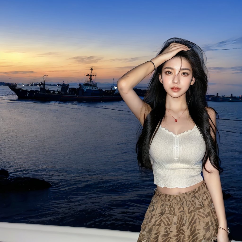 1girl,watercraft,chain,ocean,water,ship,boat,long_hair,solo,beach,sky,outdoors,black_hair,day,horizon,realistic,skirt,lips,breasts,necklace,<lora:气质美女:0.8>,