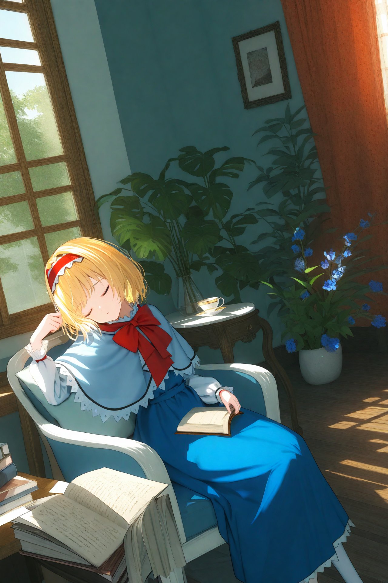 masterpiece,best quality,illustration,ultra detailed,hdr,Depth of field,(colorful),Artist rokusai,shanghai doll,alice margatroid,cup,hairband,closed eyes,bow,window,blonde hair,book,capelet,hair bow,flower,red bow,sleeping,short hair,curtains,plant,dress,long hair,1girl,blue dress,teacup,red hairband,chair,open book,paper,holding,