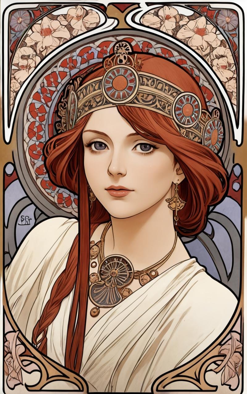 <lora:Mucha:1> mucha, art nouveau,black and red,