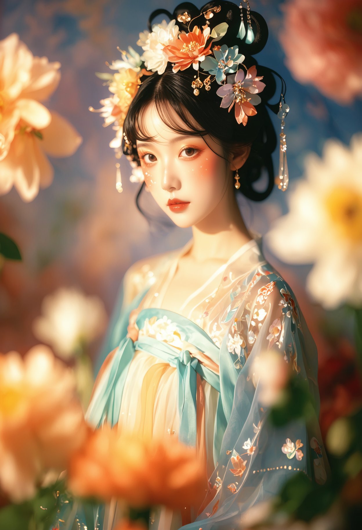 Inspired by traditional Chinese portraiture, ethereal woman in ornate Hanfu, delicate floral headpiece, soft lighting, dreamy ambiance, gentle pose, surrounded by vibrant flowers, close-up shot, warm and cool light interplay, serene and mystical mood, intricate details in fabric and accessories, captivating gaze.