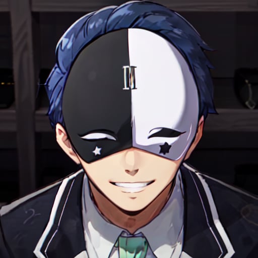 <lora:Vanir Spoch 10:0.78>, vanir-liver020, solo, (mask:1.0), blue hair, white gloves, formal, suit, black footwear, jacket, ascot,( black and white mask:1.2), moon, star, (symbols:1.2), symbol II, mask on head, yellow ascot, smile, 