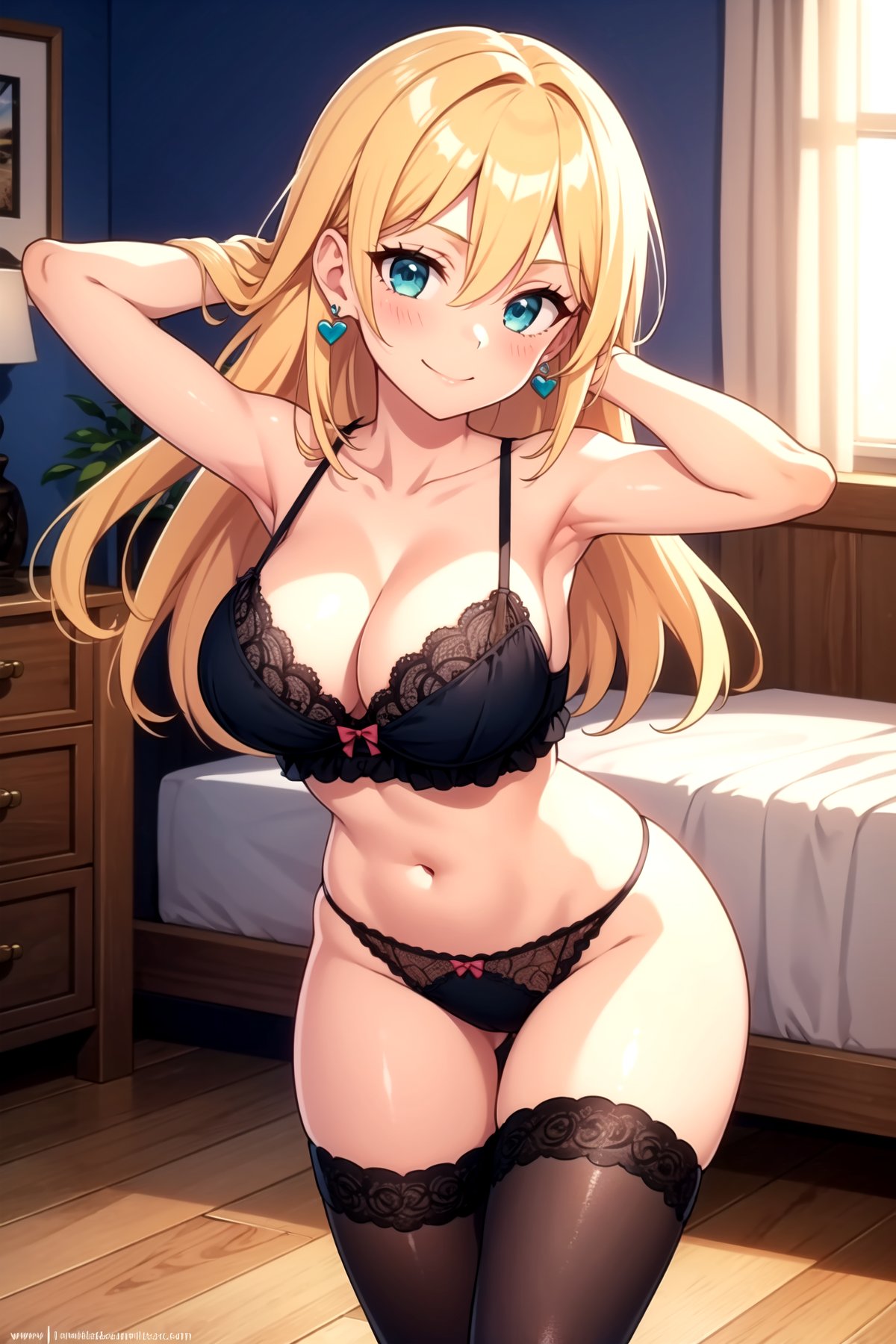 1girl, breasts, underwear, panties, thighhighs, blonde hair, jewelry, earrings, large breasts, solo, cleavage, smile, black panties, long hair, looking at viewer, bed, armpits, blush, collarbone, black legwear, arm up, arm behind head, indoors, lingerie, thigh gap, bangs, pillow, aqua eyes, closed mouth, eyebrows visible through hair, on bed, bow panties, bare shoulders, cowboy shot, bedroom, skindentation, bow, thighs, ass visible through thighs, green eyes, standing, lace trim, lace,blue eyes, string panties, bare arms, shiny, shiny hair, bed sheet, lace-trimmed panties, frills, hair between eyes, navel, highleg, wooden floor, highleg panties, two side up, bra, spaghetti strap, shiny skin, black bra, arm at side, black babydoll, bustier, arm behind back, black camisole, sidelocks, leaning forward, sleeveless, lace-trimmed bra, heart, heart earrings, eyelashes, web address, wide hips, thong, see-through, hand in hair, swept bangs, nightgown, curvy, black shirt, brown legwear, hip focus, negligee, stomach, tile floor, tiles, food-themed earrings, hair down