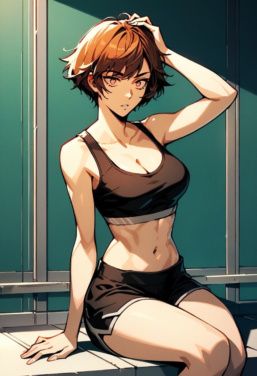 score_9,score_8_up,score_7_up,source_anime, Androssi Zahard,1girl,solo,breasts,navel,cleavage,bare shoulders,sitting,medium breasts,collarbone,parted lips,shorts,midriff,arm up,black shorts,tank top,sports bra,sportswear,hand on own head,black tank top,black sports bra,