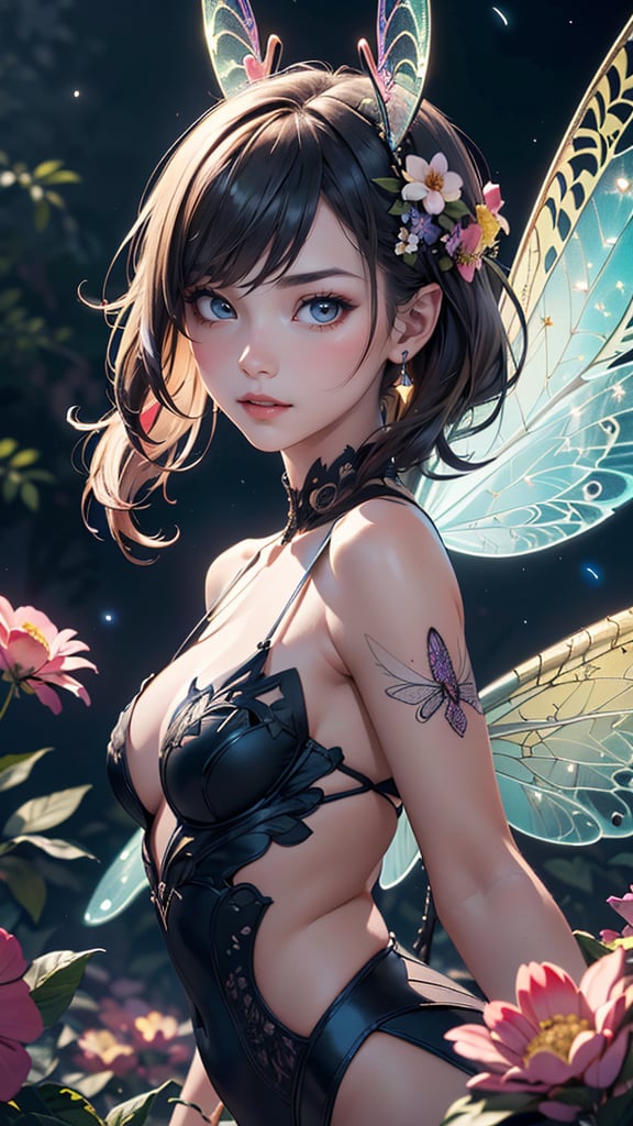 (best quality, masterpiece, colorful, highest detailed) upper body photo, fashion photography of cute (1 young, fairy girl:1.3), pale skin, 18yo, with 6 big high detailed dragonfly wings, very slim, skinny, (fractal art:1.1), (colorful:1.1), (flowers:1.3), (zentangle:1.2), (ultra-detailed body), (light smile:0.3), (night beautiful background:1.3), (many colors:1.4), flowers, enchanted forest, fireflies, soft light passing through hair, (official fractal art), (intricate details), (dynamic angle)