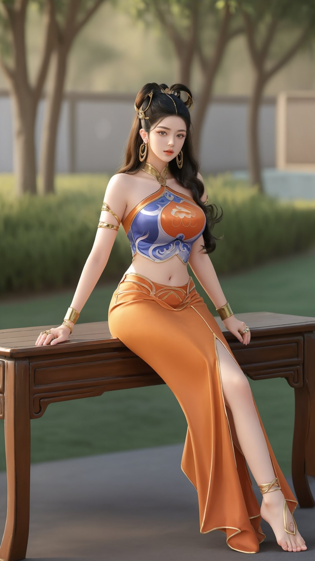 (1girl),smooth chin,masterpiece,detailed face,((hair ornament:1.2)),top quality,4k,make up,best quality,large breasts,(looking at viewer),ribbon,arms behind back,shawl,detached sleeves,forehead mark,legs,on street,full body,sitting on table,<lora:王者 杨玉环 遇见飞天_v1.0:0.9>,(big hair ring:1.5),hair ribbon,chinese clothes,orange skirt,midriff,anklet,armlet,