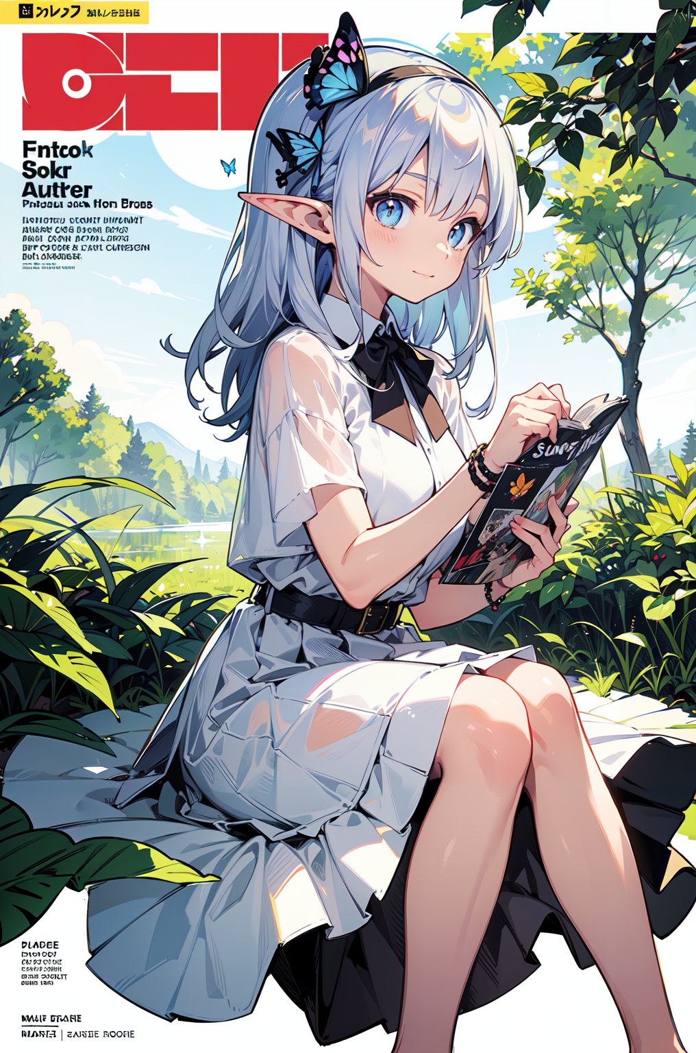 ((masterpiece)),expressionless,(((best quality))),((illustration)),1girl,elf,((solo)),(detailed face),(beautiful detailed eyes),light eyes,blue eyes,((disheveled hair)),silver hair,full body,smile,blank stare,sitting,((looking to the side)),bow tie hair band,white transparent long skirt,noble,mysterious,bright background,in forest,nature,sunshines through the leaves,butterfly,river,close-up,(magazine:1.3),(cover-style:1.3),fashionable,woman,vibrant,outfit,posing,front,colorful,dynamic,background,elements,confident,expression,holding,statement,accessory,majestic,coiled,around,touch,scene,text,cover,bold,attention-grabbing,title,stylish,font,catchy,headline,larger,striking,modern,trendy,focus,fashion,