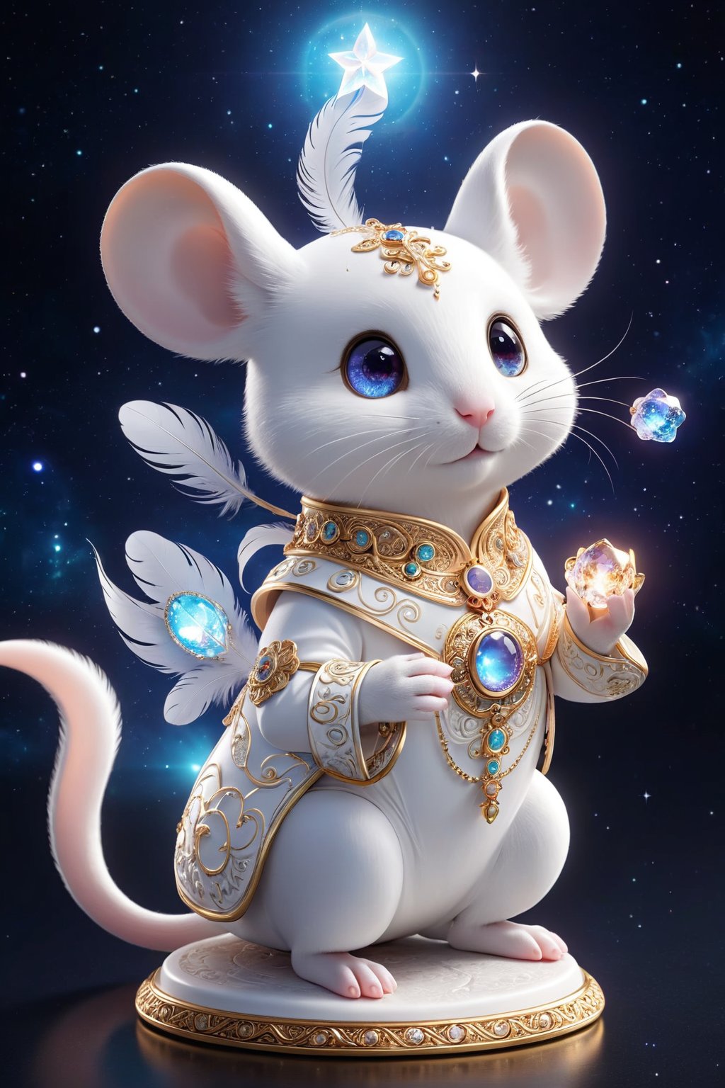 A small and cute white mouse, generate a celestial adorable non-human animal in the style of celestial and fantasy. the animal should be the most beautiful animal ever created. Consider details like fluffy and feathers and silk and satin and shimmer and glimmer. Include subtle details of phantasmal iridescence. emphasize small details of fantasy and ornate jewels. camera: utilize interesting and dynamic composition. enhance visual interest. lighting: use ambient lighting that enhances the ambiance of fantasy. include bold colors and deep shadows. hires,detailed eyes,hires detailed eyes,hires small details,ornate,intricate details,8k,shimmer,unity,official cgi unreal engine,high resolution,(((masterpiece))),high quality,highres,detail enhancement,(bright and clear eyes),