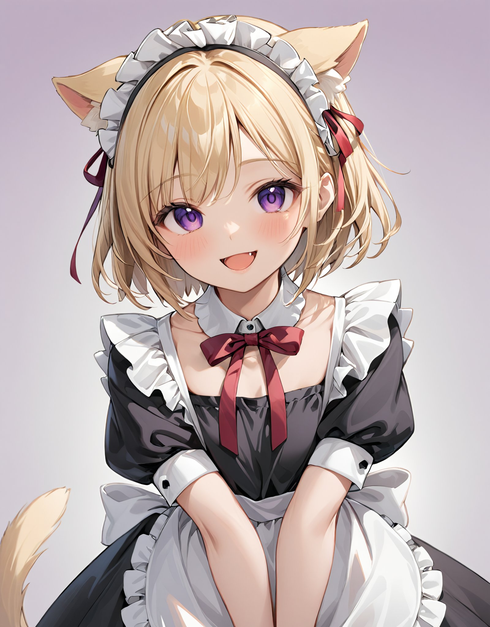 highres,best quality, 1girl, :d, animal ears, apron, black dress, blonde hair, blush, dress, frilled apron, frills, looking at viewer, maid, maid apron, maid headdress, neck ribbon, open mouth, puffy short sleeves, puffy sleeves, purple eyes, red ribbon, ribbon, short sleeves, smile, solo