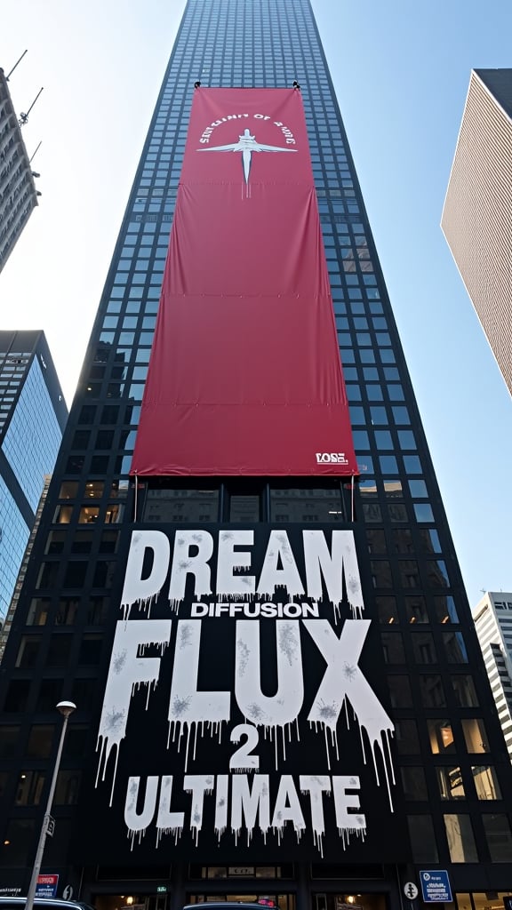 “Photo of a skyscraper with a huge banner,  we see detailed graffiti, the graffiti text reads "DREAM DIFFUSION FLUX 2 ULTIMATE".”