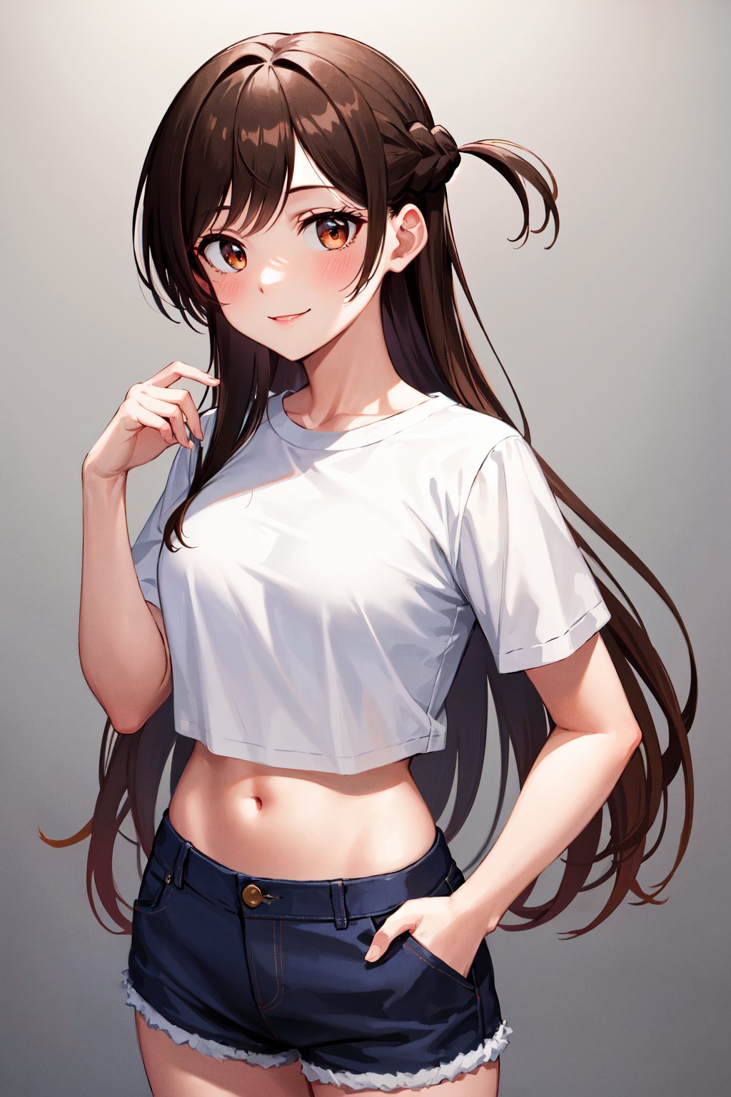 masterpiece, best quality, highres, aachizuru, long hair, one side up,  <lora:mizuhara_chizuru_v2:0.7>, crop top, white shirt, stomach, short shorts, hands in pockets, smile