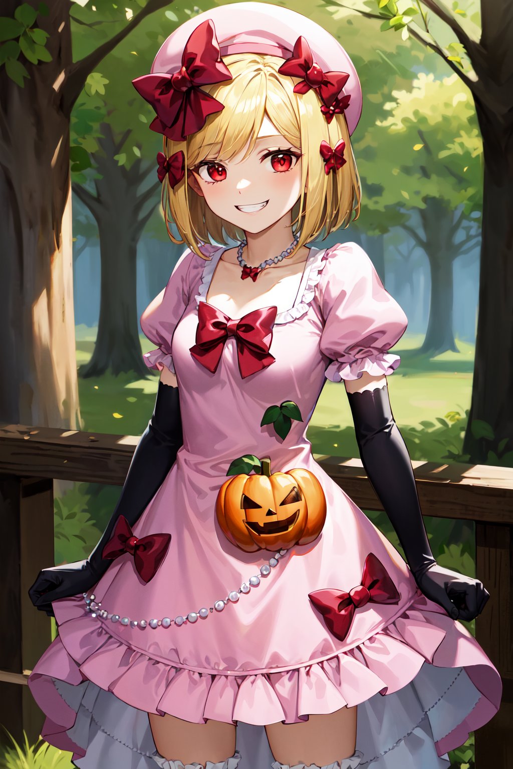 masterpiece, best quality, highres, aalamb, short hair, hair bow, red bow, beret, pink headwear, red eyes, necklace, frills, pink dress, jack-o'-lantern, puffy sleeves, elbow gloves, black gloves, <lora:lambdadelta_v1:0.7>, standing, cowboy shot, outdoors, grin