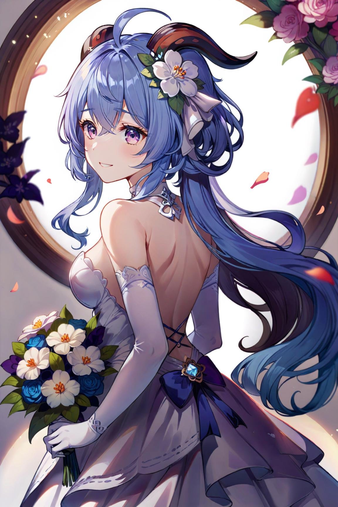 ultra-detailed,(best quality),((masterpiece)),(highres),original,extremely detailed 8K wallpaper,(an extremely delicate and beautiful),anime,\\,BREAKganyu (genshin impact),1girl,solo,dress,horns,flower,bouquet,long hair,blue hair,looking at viewer,wedding dress,breasts,ahoge,purple eyes,white dress,from side,parted lips,bare shoulders,backless outfit,holding,white choker,holding bouquet,white flower,goat horns,bangs,medium breasts,smile,strapless dress,petals,choker,strapless,bride,alternate costume,backless dress,low ponytail,hair flower,hair ornament,white background,white gloves,BREAKwhite background,<lora:ganyu_xl-v4:0.7>,