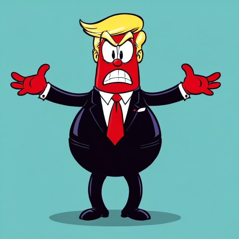 (rubber_hose_character:1.1) <lora:RubberHose_Characters_SDXL_v1:1> cartoon,donald trump, red tie, small hands, angry face