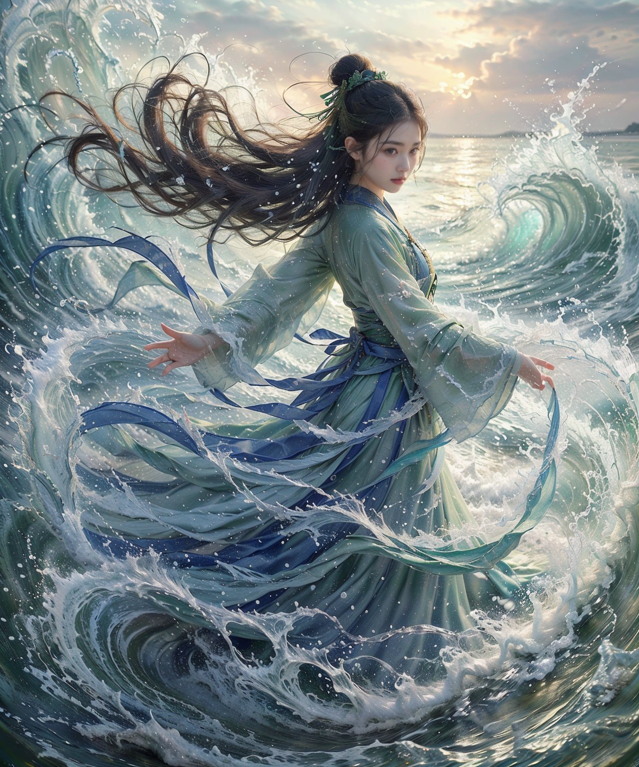 haifeisi,1girl,water,long hair,solo,black hair,waves,hair bun,chinese clothes,single hair bun,hanfu,long sleeves,blurry,jewelry,ocean,splashing,Best quality,masterpiece,ultra high res,<lora:20240122-1705924259525-0015:0.7>,<lora:GoodHands-beta2:1>,nsfw,