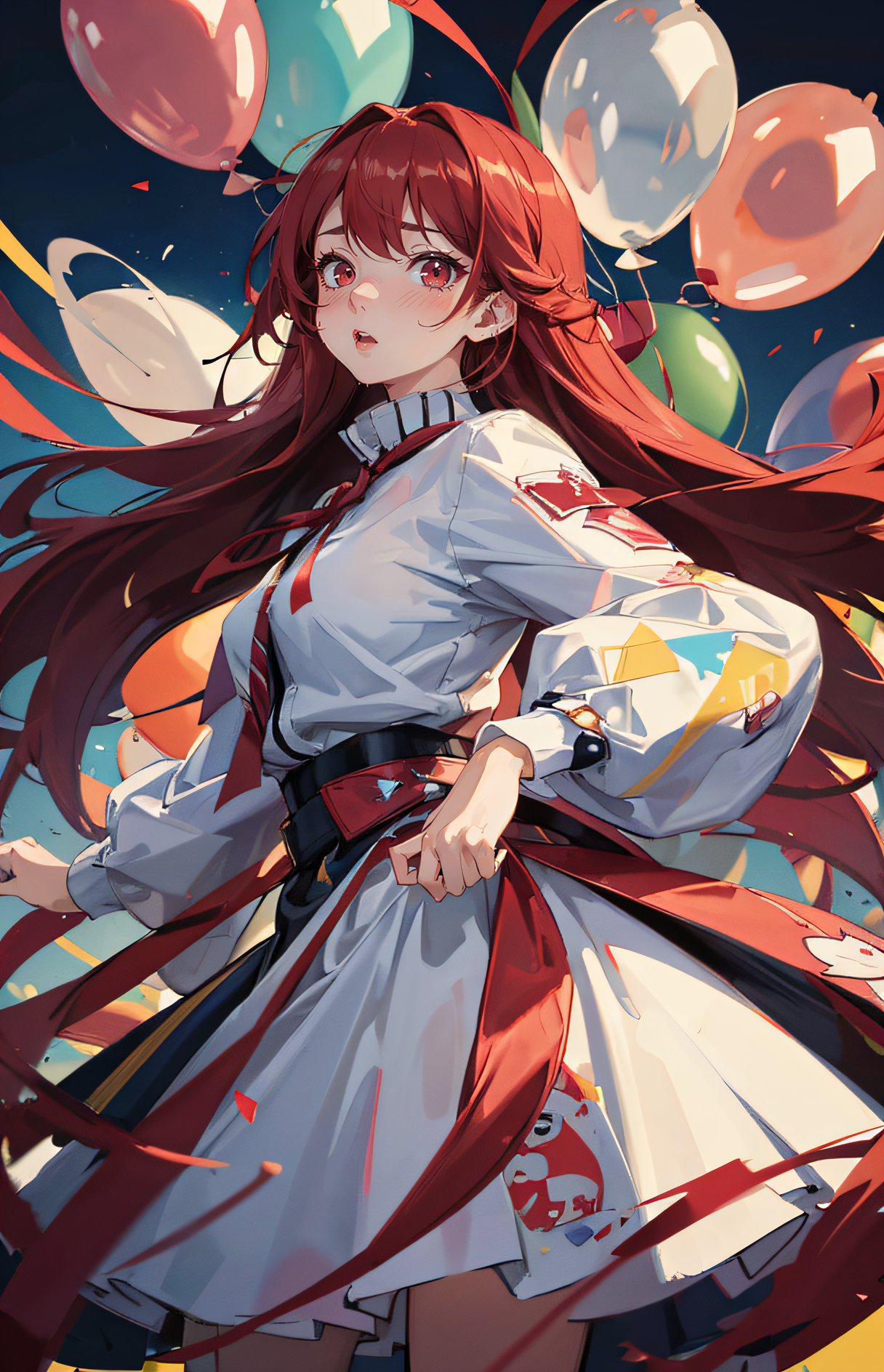 a girl covered in multi colored ballons in a birthday party, skirty, long sleeves, long hair, red hair ribbon, red eyes, epic scene, best composition, (masterpiece, best quality, hires, high quality, by professional artist, ultra detailed, extremely detailed, absurdres, incredibly resolution:1.2)