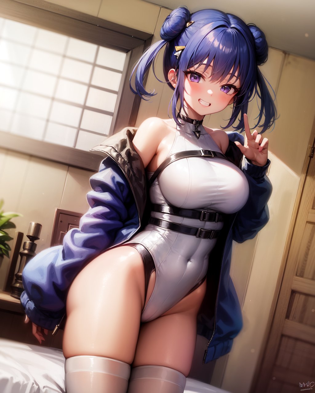 1girl, lillaslf1, blue hair, purple eyes, double bun, white leotard, black straps, oversized blue jacket, grin,indoors, bedroom<lora:lillav3:1>