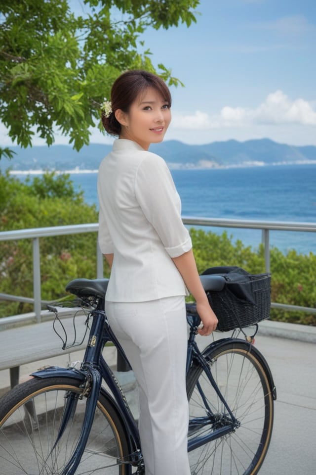 (vivid:1.2), HDR, 20yorealistic photo of a Japanese woman,Sophisticated Cruise Wear: "Sophisticated cruise wear for a night of elegance on the sea""Capture a woman taking a break from her ride, enjoying the peace and quiet of nature. Frame the shot from a slightly elevated angle, capturing her from the waist up, with the bicycle and surrounding scenery in focus. She can have a relaxed expression and a sense of accomplishment, wearing a comfortable outfit that suits the weather. The background can be a scenic overlook with breathtaking views, or a shady spot under a tree with birds chirping."