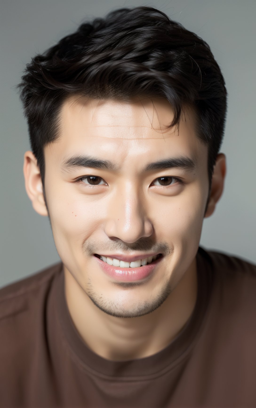 (close up portrait of a man of east asian descent),happy and smile expression, looking at camera, slight stubble,  clean skin, brown eyes, wearing dark shirt, soft lighting, gray background, shallow depth of field, high-resolution image, studio shot, headshot, photographic realism.,