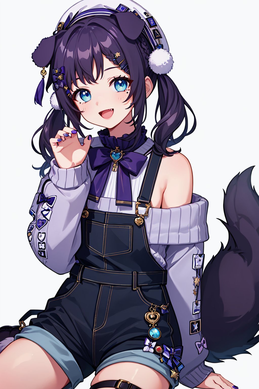 masterpiece,best quality, highly detailed, aiba uiha,1girl, solo, virtual youtuber, dog tail, smile, mole under eye, sweater, white headwear, open mouth, twintails, dog girl, claw pose, blue nails, shorts, white background, looking at viewer, thigh strap, fang, bow, beret, collar, hairclip, long sleeves, off shoulder, overalls, star hair ornament, fur trim, nail polish, purple nails, teddy bear, braid,<lora:aiba_uiha:1>