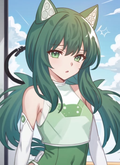 ((best quality)), ((highly detailed)), masterpiece, (detailed eyes, deep eyes), (1girl), upper body,<lora:androidchan-v1:1>, android-chan, green hair, green eyes, tail, green dress, elbow gloves, green thighhighs