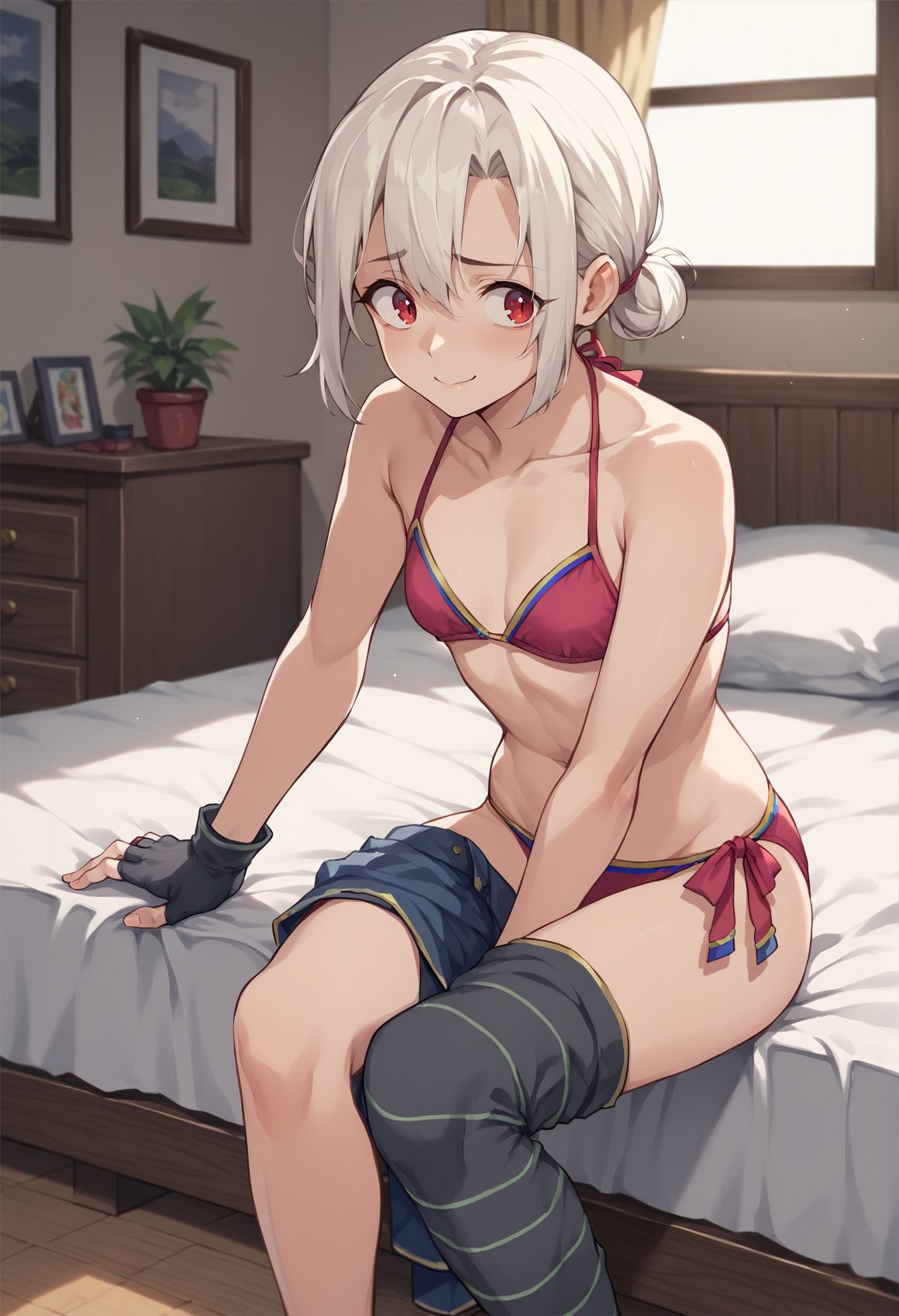 1girl, white hair, red eyes, short hair, low buns, double bun, pink bikini, asymmetrical legwear, partially fingerless gloves, standing, indoors, bedroom, looking to the side, nervous smile, closed mouth, sitting <lora:Illya_IQ2:1>, score_9, score_8_up, score_7_up, score_6_up, score_5_up, score_4_up, BREAK source_anime, masterpiece