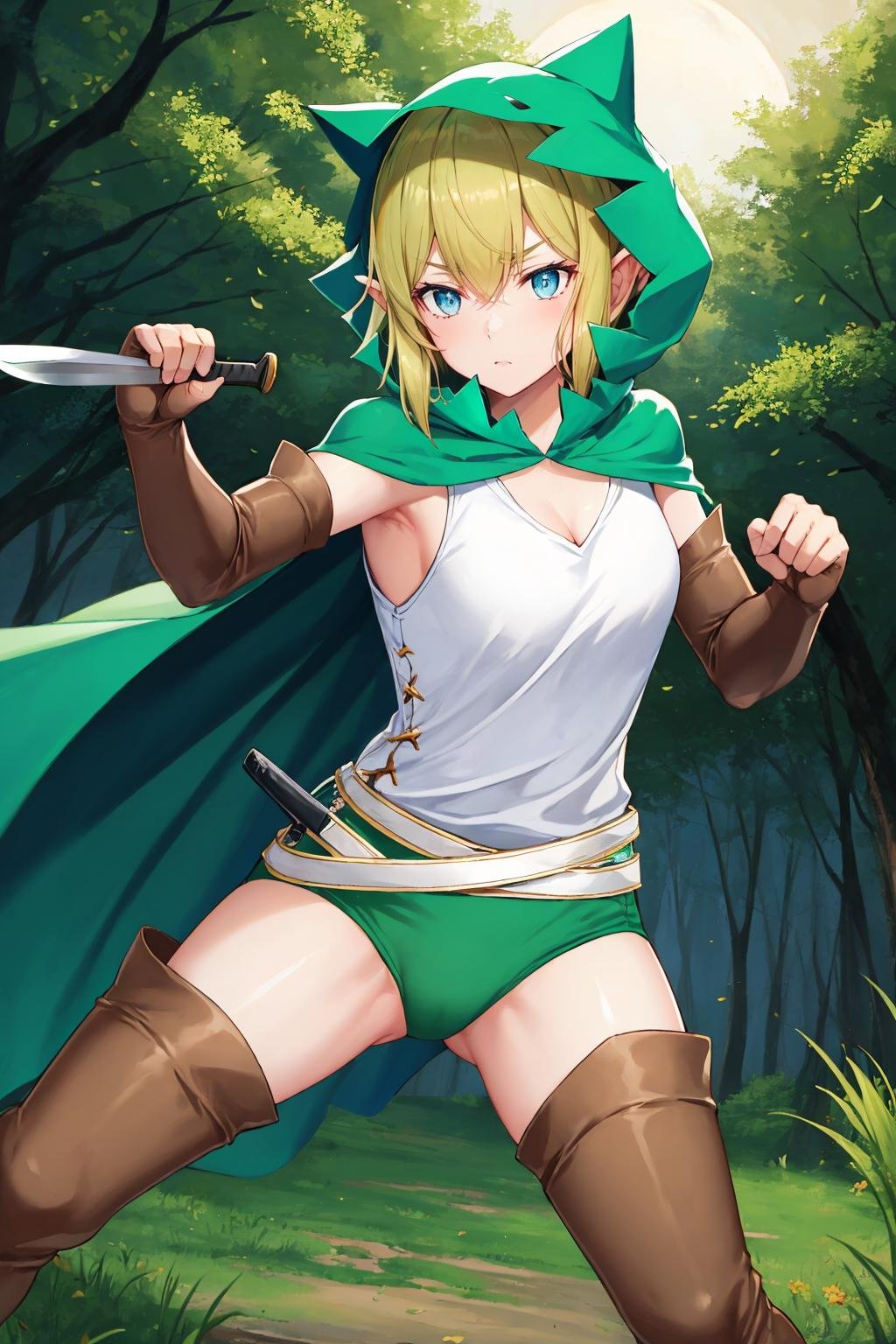 masterpiece, best quality, <lora:ryuulion-nvwls-v1-000008:0.9> ryuu, hood, green cloak, white shirt, sleeveless, belt, green panties, elbow gloves, thigh boots, fighting stance, night, forest, holding knife, dagger, furrowed brow