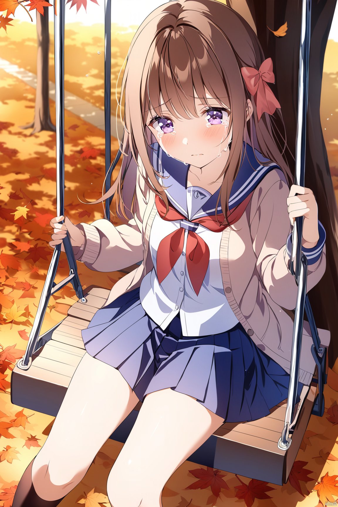 swing, 1girl, school uniform, solo, brown hair, skirt, long hair, serafuku, sitting, tree, outdoors, cardigan, autumn, leaf, blue skirt, pleated skirt, bow, neckerchief, hair bow, autumn leaves, tears, crying, purple eyes, sailor collar, red neckerchief, sad, open cardigan