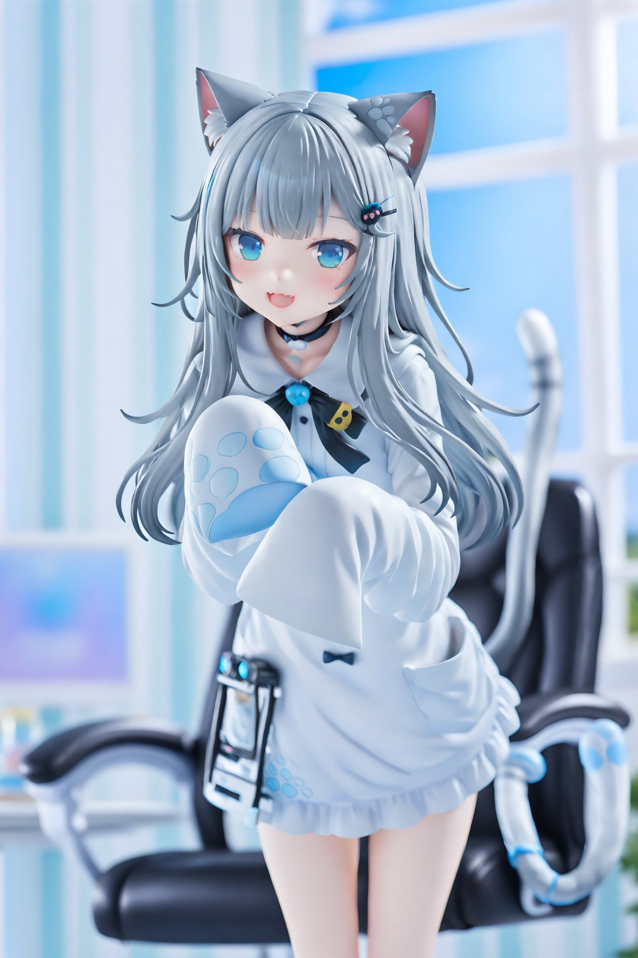 masterpiece,Realism,best quality,PVC Style, 1girl, virtual youtuber, animal ears, tail, blue eyes, cat ears, grey hair, cat tail, sleeves past fingers, long hair, hair ornament, solo, sleeves past wrists, cat girl, looking at viewer, dress, smile, blurry, blurry background, choker, hairclip, black choker, indoors, long sleeves, window, open mouth, depth of field, swivel chair, chair,  <lora:HANS-PVC22-000021:1>