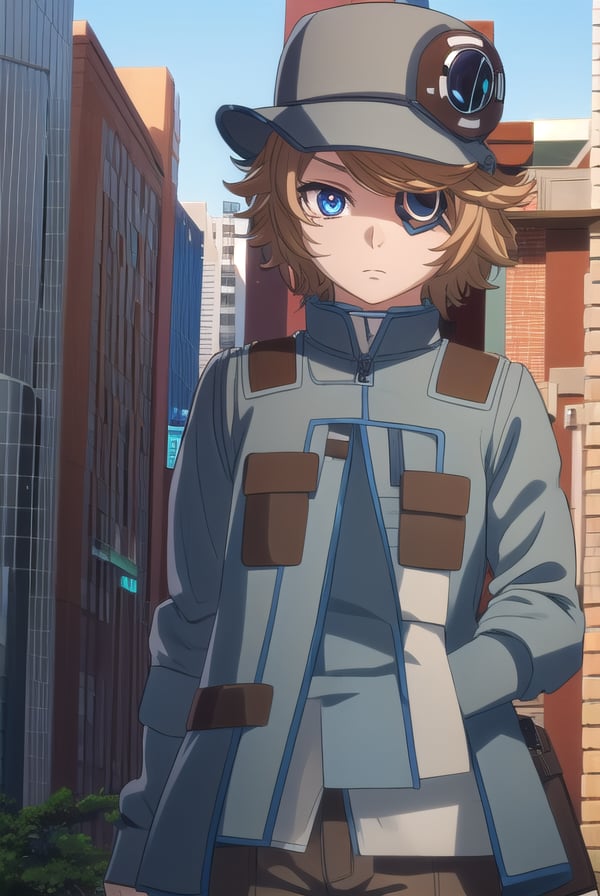 akudamahacker, <lora:akudama hacker s1-lora-nochekaiser:1>,hacker, blue eyes, brown hair, male focus, (eyepatch:1.5),BREAK shirt, hat, jacket, pants, brown pants, green jacket,BREAK outdoors, city,BREAK looking at viewer, (cowboy shot:1.5),BREAK <lyco:GoodHands-beta2:1>, (masterpiece:1.2), best quality, high resolution, unity 8k wallpaper, (illustration:0.8), (beautiful detailed eyes:1.6), extremely detailed face, perfect lighting, extremely detailed CG, (perfect hands, perfect anatomy),