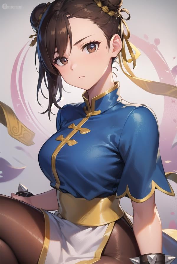 chunli, <lora:chun li v2-lora-nochekaiser:1>,chun li, (brown eyes:1.7), brown hair, (bun cover:1.5), double bun, eyeliner, hair bun, lipstick, makeup, pink lips,BREAK blue dress, boots, bracelet, brown pantyhose, china dress, chinese clothes, cross-laced footwear, dress, gold trim, jewelry, pantyhose, pelvic curtain, puffy sleeves, sash, short sleeves, side slit, spiked bracelet, spikes, white footwear,BREAK outdoors,BREAK looking at viewer, full body,BREAK <lyco:GoodHands-beta2:1>, (masterpiece:1.2), best quality, high resolution, unity 8k wallpaper, (illustration:0.8), (beautiful detailed eyes:1.6), extremely detailed face, perfect lighting, extremely detailed CG, (perfect hands, perfect anatomy),