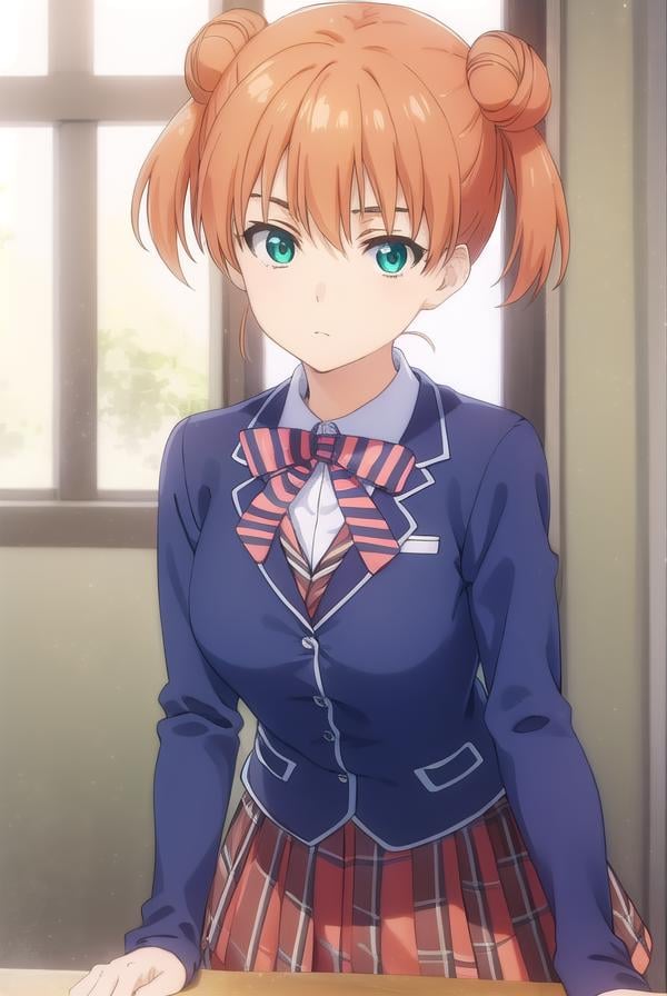 yuukiyoshino, <lora:yuuki yoshino s1-lora-nochekaiser:1>,yuuki yoshino, short hair, twintails, (green eyes:1.3), hair bun, orange hair, double bun,BREAK bow, school uniform, striped, bowtie, blazer, striped bowtie, blue blazer, brown skirt, plaid skirt, plaid,BREAK indoors, kitchen,BREAK looking at viewer, (cowboy shot:1.5),BREAK <lyco:GoodHands-beta2:1>, (masterpiece:1.2), best quality, high resolution, unity 8k wallpaper, (illustration:0.8), (beautiful detailed eyes:1.6), extremely detailed face, perfect lighting, extremely detailed CG, (perfect hands, perfect anatomy),