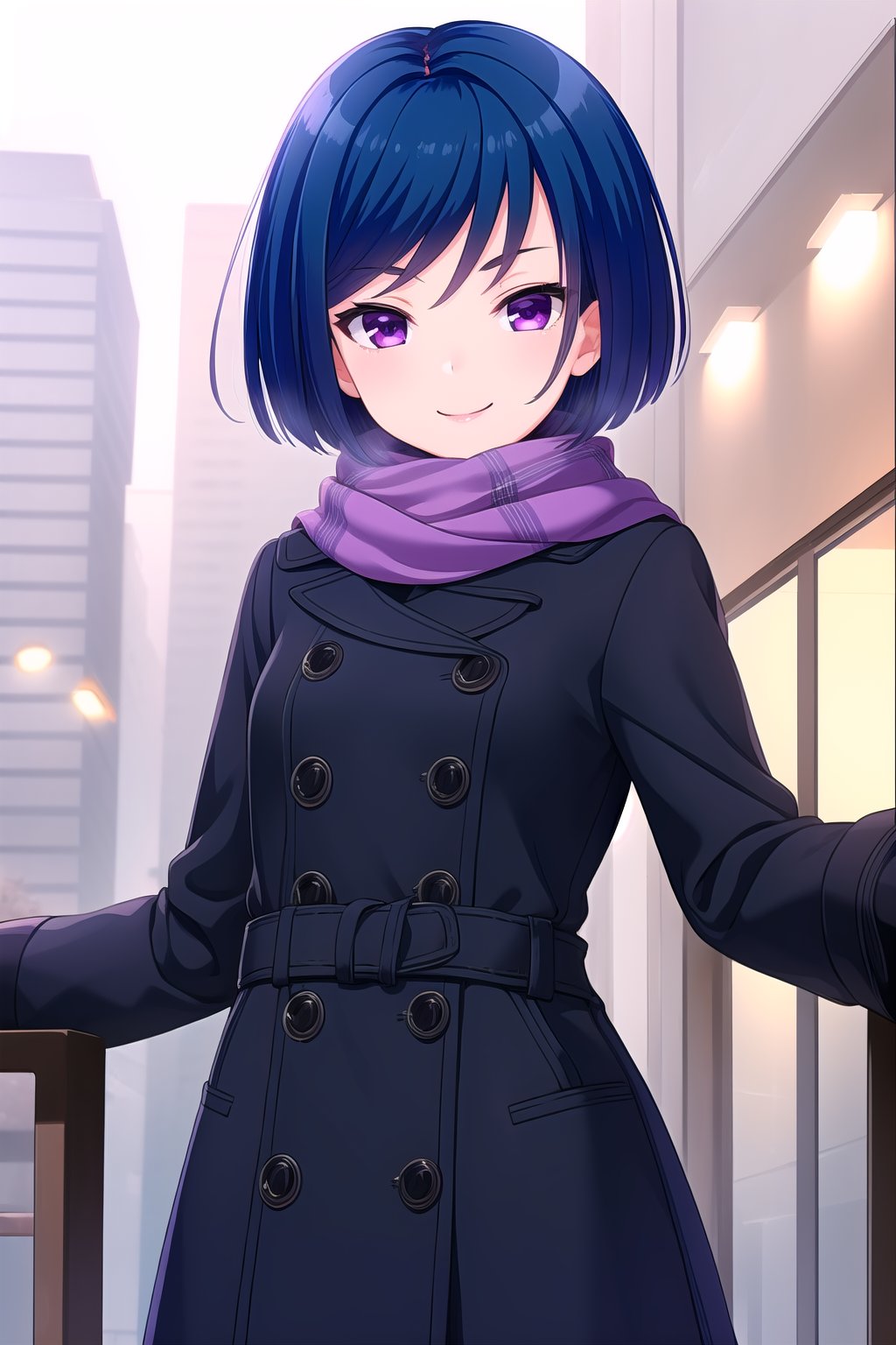 (masterpiece, best quality), highly detailed background, perfect lightingbest quality, akasegawamaki, solo, outdoors, nature, winter, blue hair, swept bangs, bob cut, short hair, purple eyes, small breasts, grey scarf, black coat, long sleeves, black gloves, winter clothes, smile, closed mouth, :), pink lips, <lora:Akasegawa-Maki-2-10:0.7>