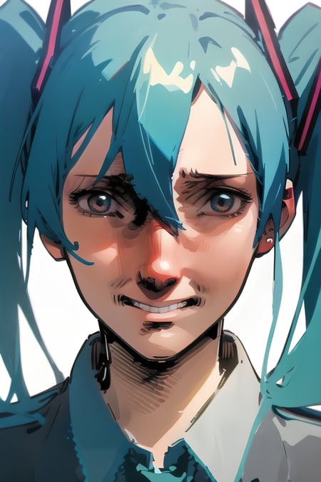 masterpiece, best quality, 1girl, agnizzm, looking at viewer, close up face, hollow eyes, hatsune miku, white collar