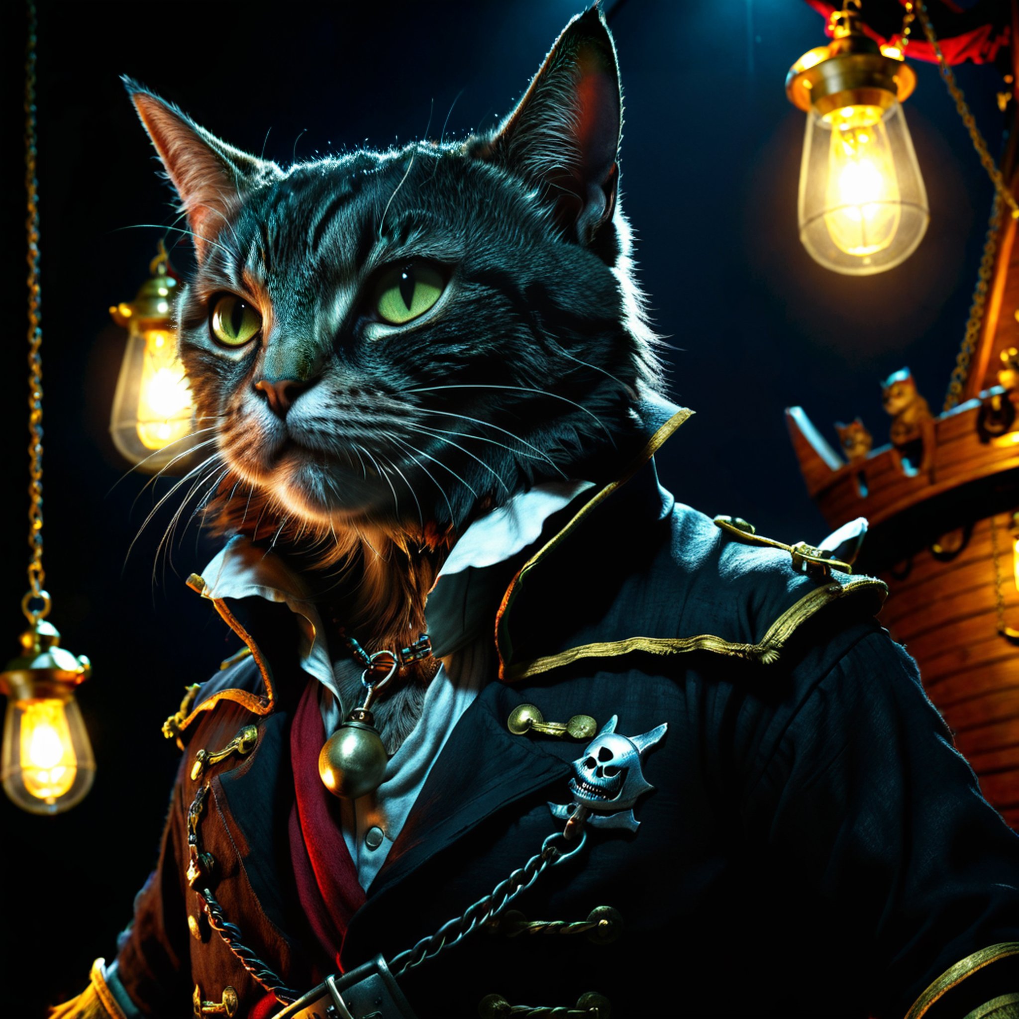 Hyperrealistic art A pirate ship dark at night with lamps lighting the scene, a cat wearing a pirate captains clothes, <lora:control-lora-openposeXL2-rank256:1> . Extremely high-resolution details, photographic, realism pushed to extreme, fine texture, incredibly lifelike