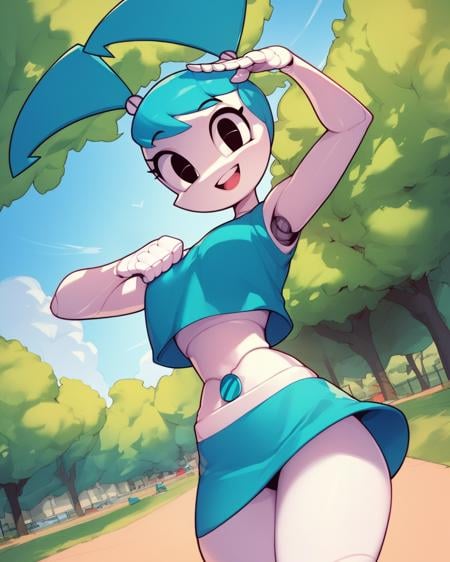 score_9, score_8_up, score_7_up, solo, 1girl, jenny wakeman from my life as a teenage robot, cute, blue hair, exposed midriff, mechanical joints, happy, outdoors, park, dynamic pose, cowboy shot, dynamic angle, looking at viewer, black eyes, by fizintine, <lora:Fizintine_Art_Style_Pony_DIffusion:1>