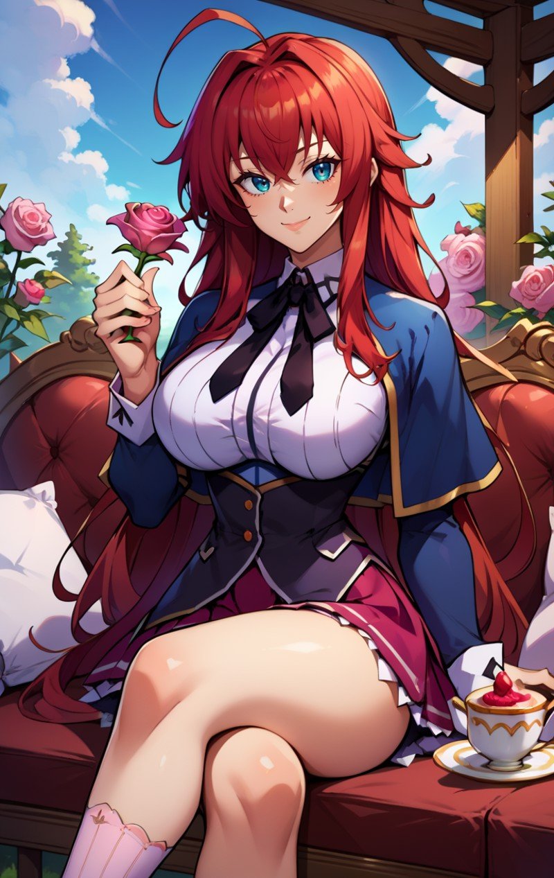 score_9, score_8_up, score_7_up, score_9,  BREAK  <lora:RiasGremorySDXL:0.8> riasgremorySDXL, 1girl, solo, long hair, breasts, looking at viewer, smile, bangs, blue eyes, skirt, large breasts, shirt, long sleeves, ribbon, holding, hair between eyes, sitting, very long hair, closed mouth, school uniform, flower, ahoge, red hair, outdoors, food, sky, day, socks, miniskirt, tree, cup, pillow, black ribbon, neck ribbon, capelet, rose, crossed legs, white socks, couch, holding cup, pink flower, teacup, cake, teapot, pink rose, black capelet, rias gremory